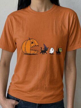 Halloween Trick Or Treat Cat Ghost Pumpkin Graphic T-Shirt Gildan Women Tee